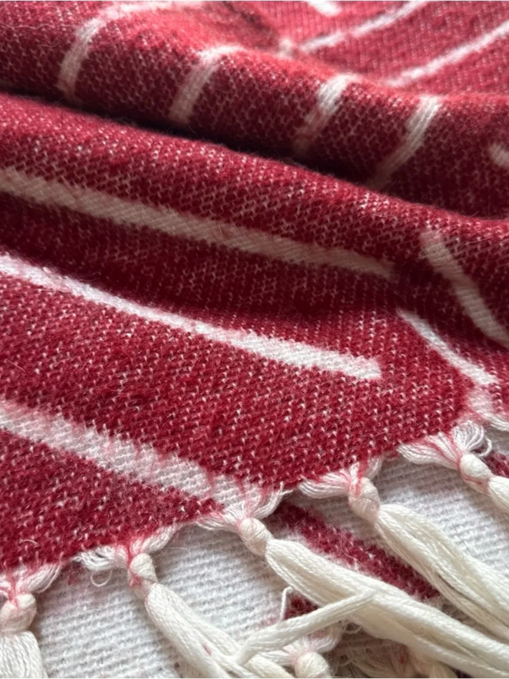 West Elm Red and Cream Striped Fringe Throw